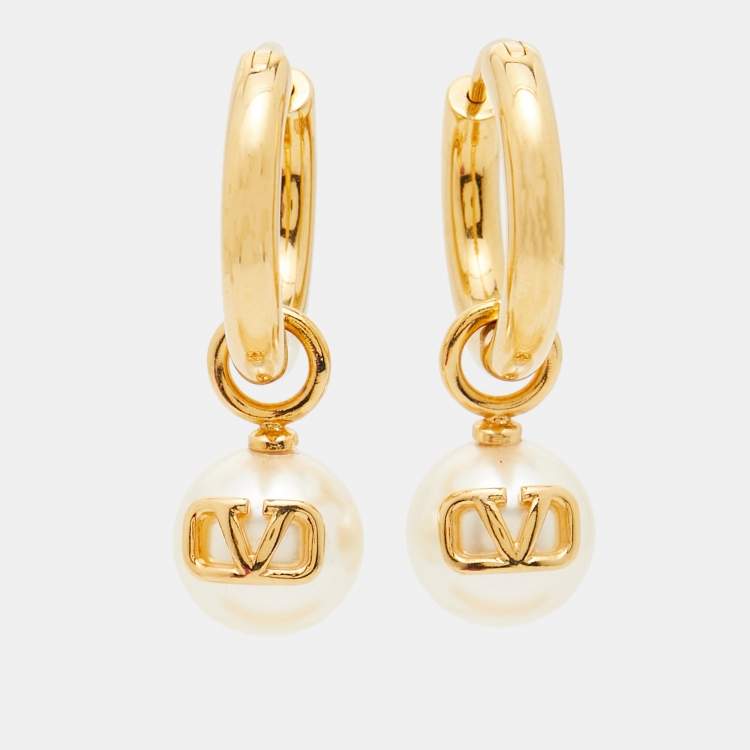 Pre Owned Valentino VLogo Faux Pearl Gold Tone Earrings