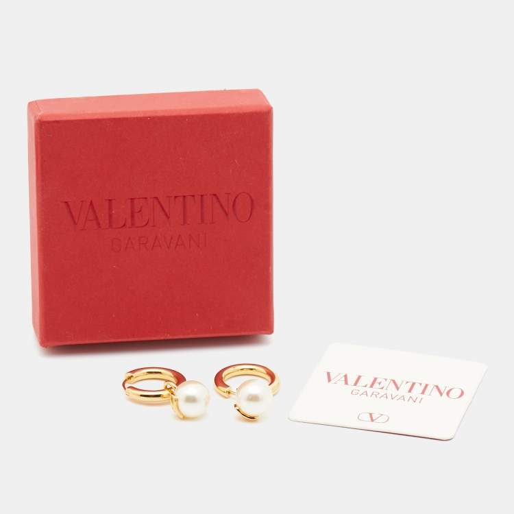 Pre Owned Valentino VLogo Faux Pearl Gold Tone Earrings