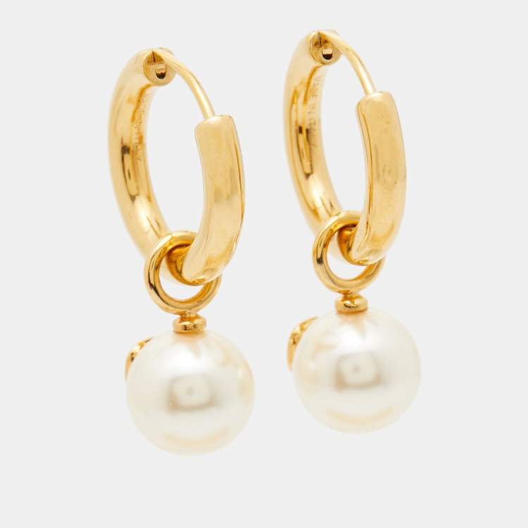 Pre Owned Valentino VLogo Faux Pearl Gold Tone Earrings