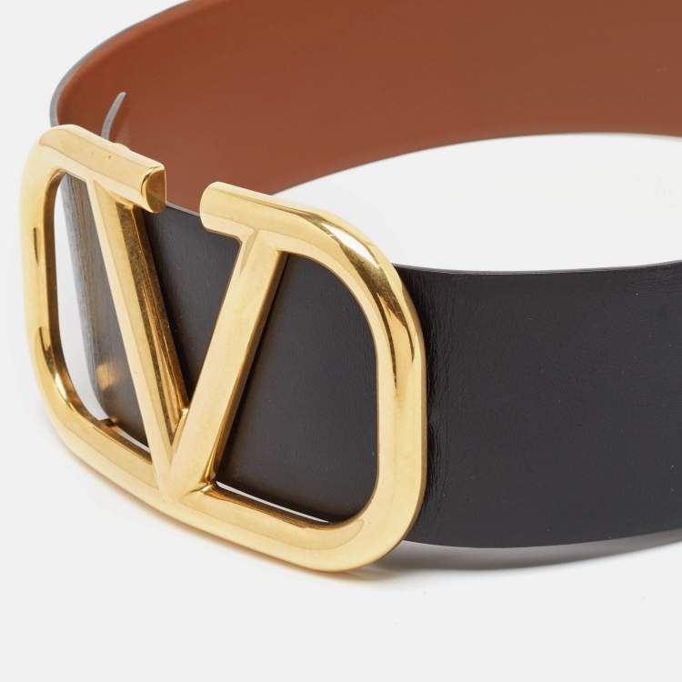 Pre Owned Valentino Black/Brown Leather VLogo Reversible Wide Belt 75CM