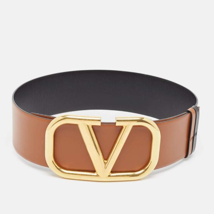Pre Owned Valentino Black/Brown Leather VLogo Reversible Wide Belt 75CM