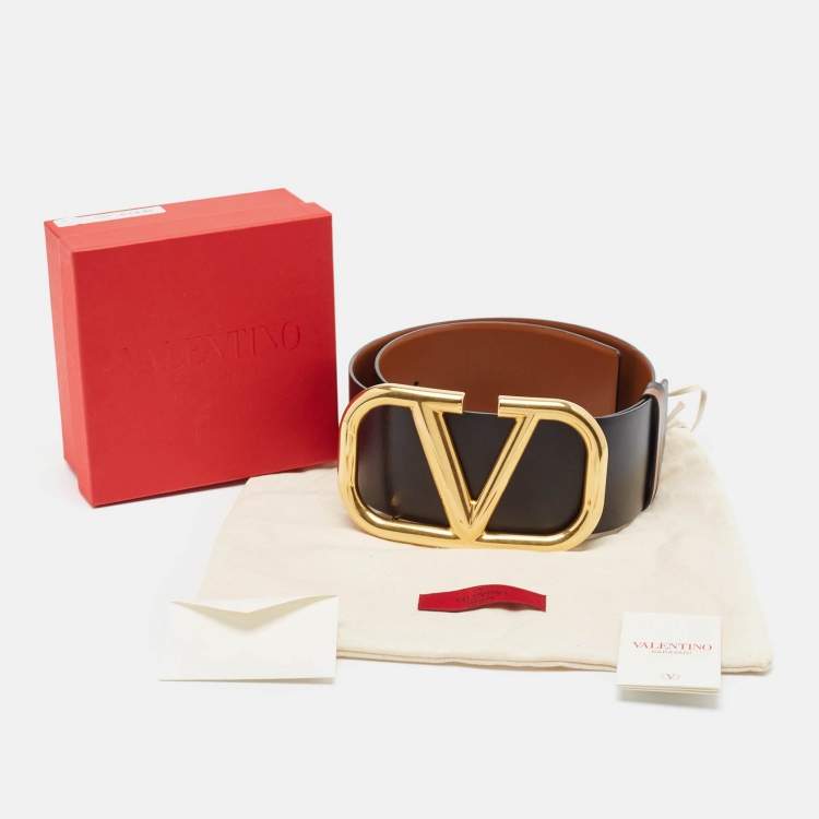 Pre Owned Valentino Black/Brown Leather VLogo Reversible Wide Belt 75CM