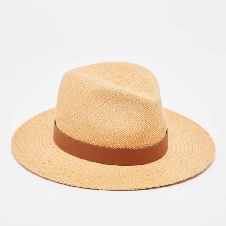 Pre Owned Valentino Garavani Brown Straw and Leather Trim Fedora Hat