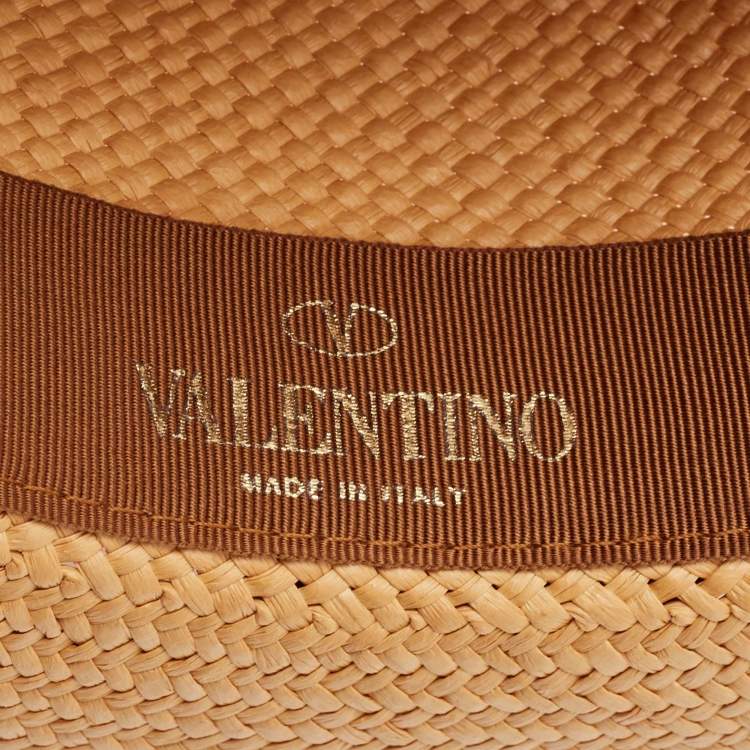 Pre Owned Valentino Garavani Brown Straw and Leather Trim Fedora Hat