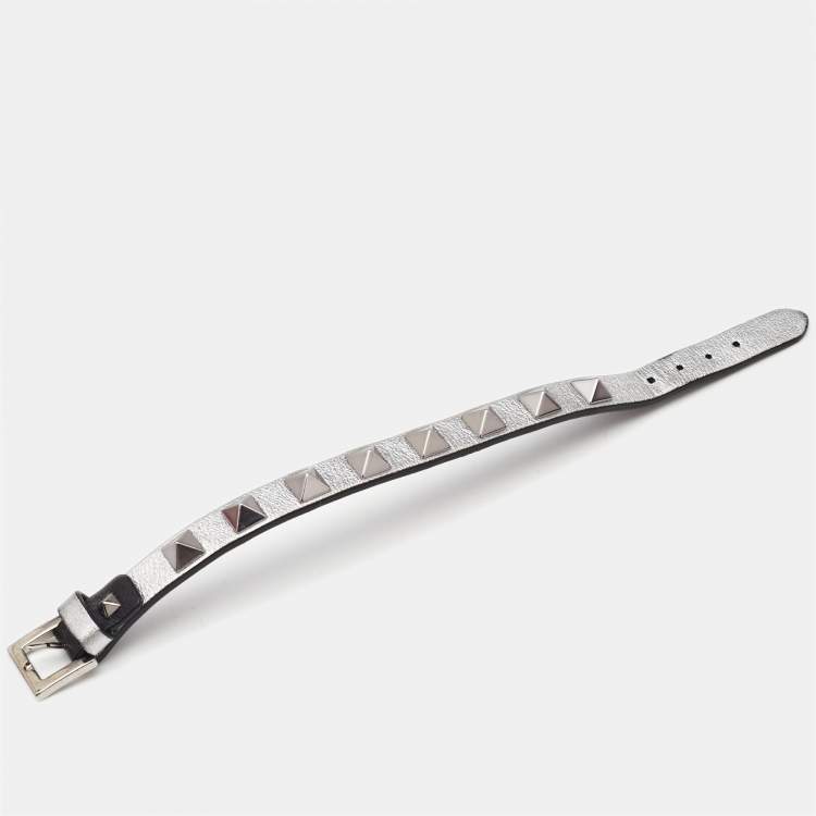 Pre Owned Valentino Rockstud Leather Silver Tone Bracelet