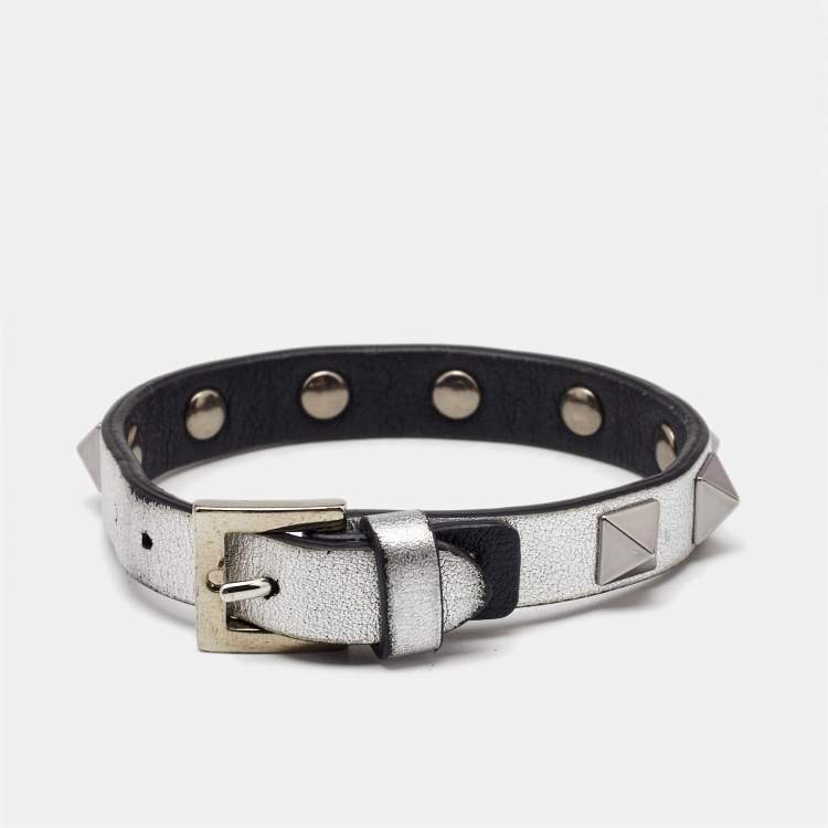 Pre Owned Valentino Rockstud Leather Silver Tone Bracelet
