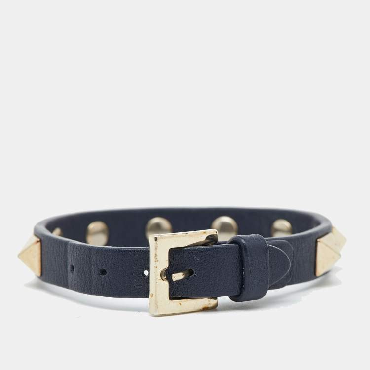 Pre Owned Valentino Rockstud Navy Blue Leather Bracelet