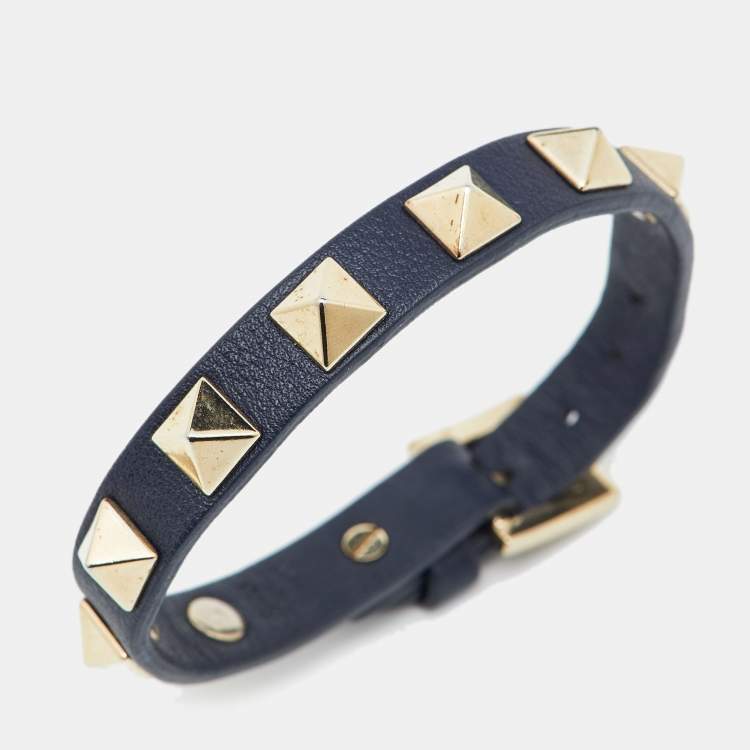 Pre Owned Valentino Rockstud Navy Blue Leather Bracelet