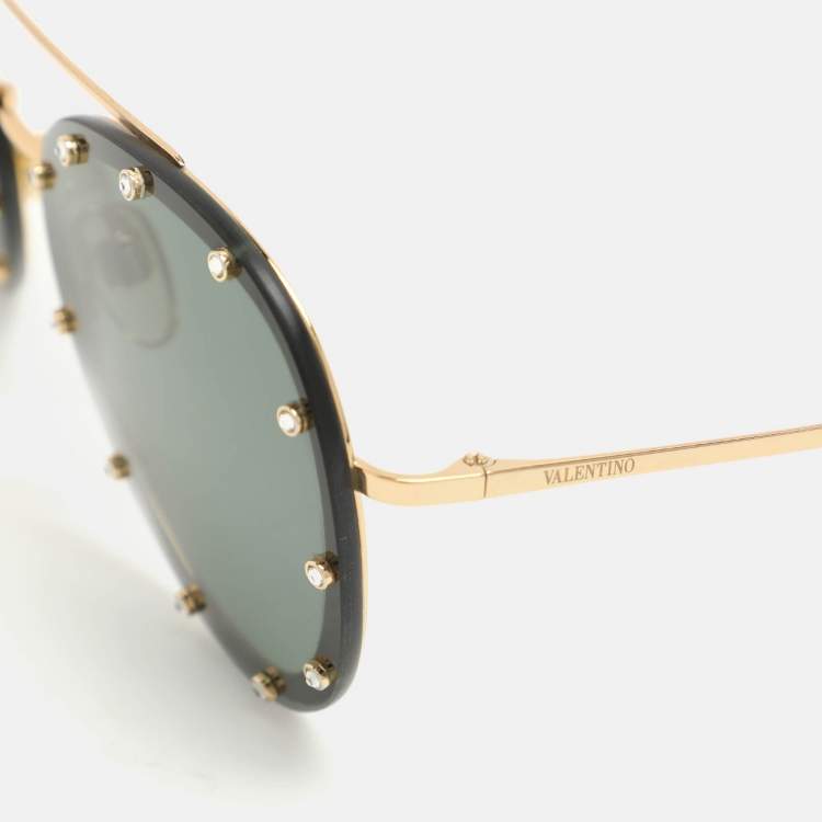 Pre Owned Valentino Gold/Green VA2013 Crystals Embellished Aviator Sunglasses