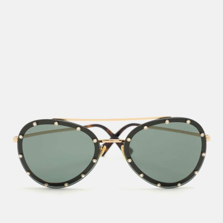 Pre Owned Valentino Gold/Green VA2013 Crystals Embellished Aviator Sunglasses