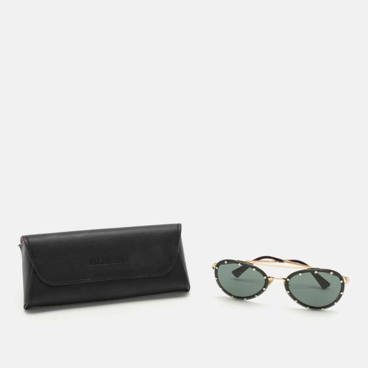 Pre Owned Valentino Gold/Green VA2013 Crystals Embellished Aviator Sunglasses