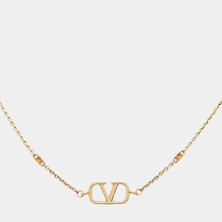 Pre Owned Valentino Vlogo Signature Crystal Gold Tone Necklace
