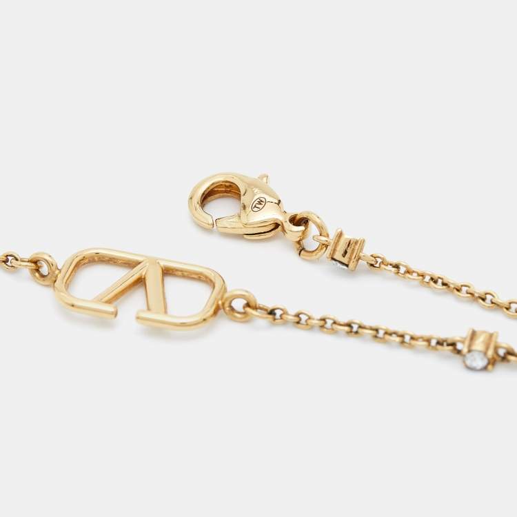 Pre Owned Valentino Vlogo Signature Crystal Gold Tone Necklace