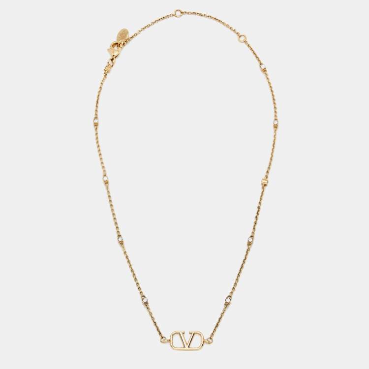 Pre Owned Valentino Vlogo Signature Crystal Gold Tone Necklace