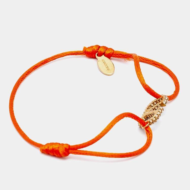Pre Owned Valentino Vlogo Crystal Gold Tone Orange Cord Bracelet