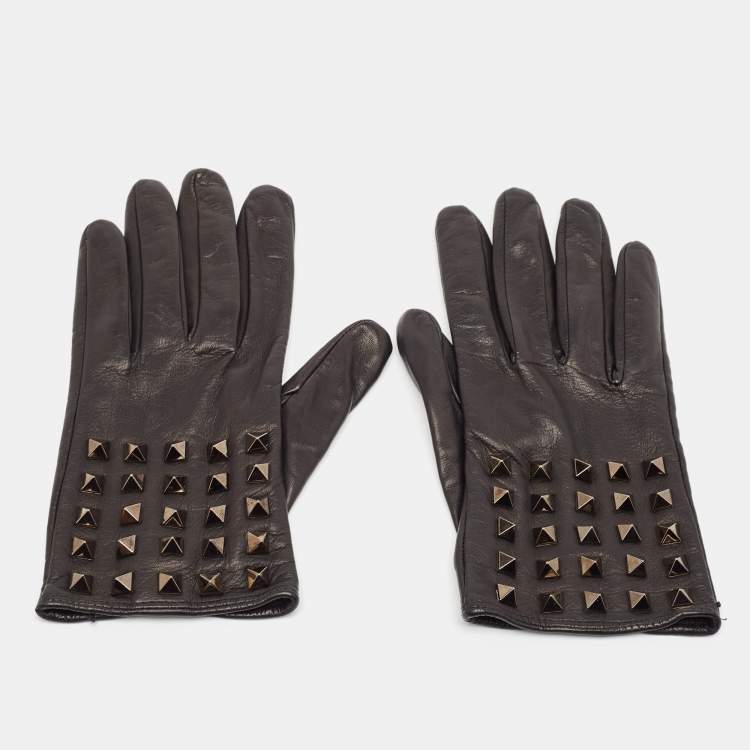 Pre Owned Valentino Black Leather Rockstud Gloves Size 8