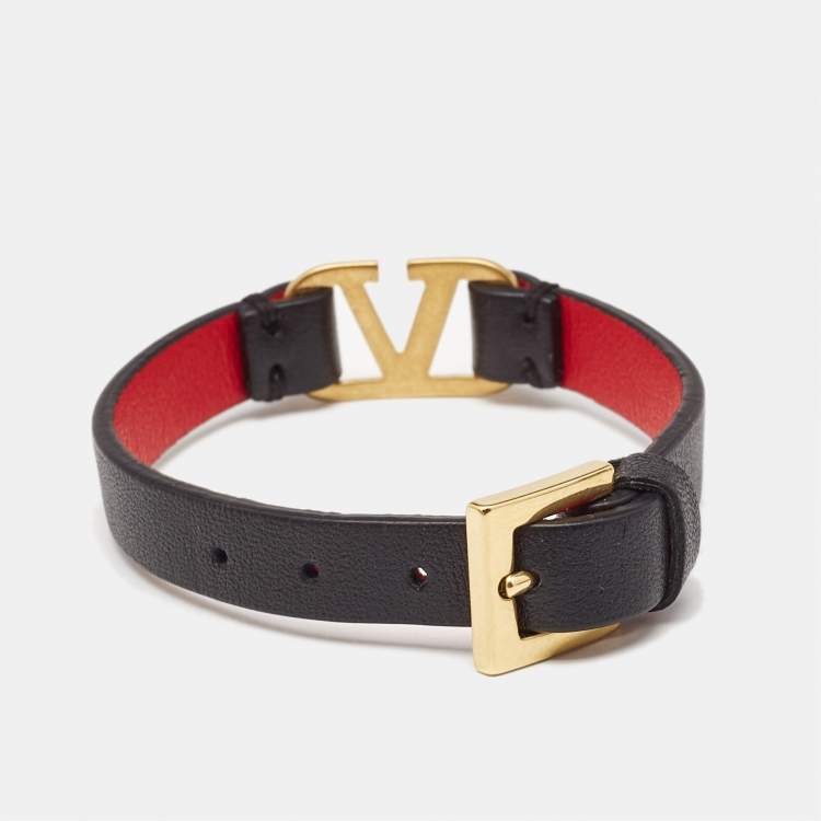 Pre Owned Valentino Vlogo Black Leather Gold Tone Bracelet