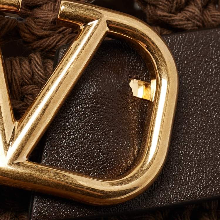Pre Owned Valentino Brown Vlogo Leather Belted Crochet Fedora Hat M
