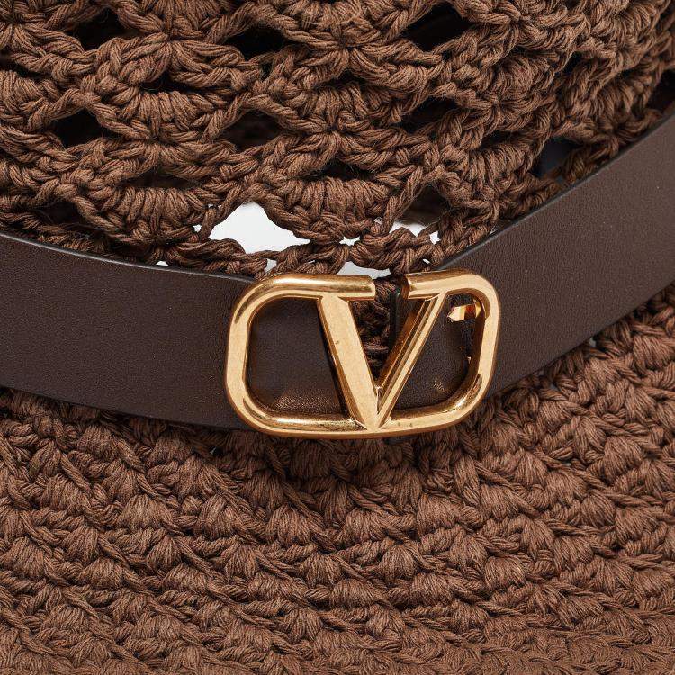 Pre Owned Valentino Brown Vlogo Leather Belted Crochet Fedora Hat M