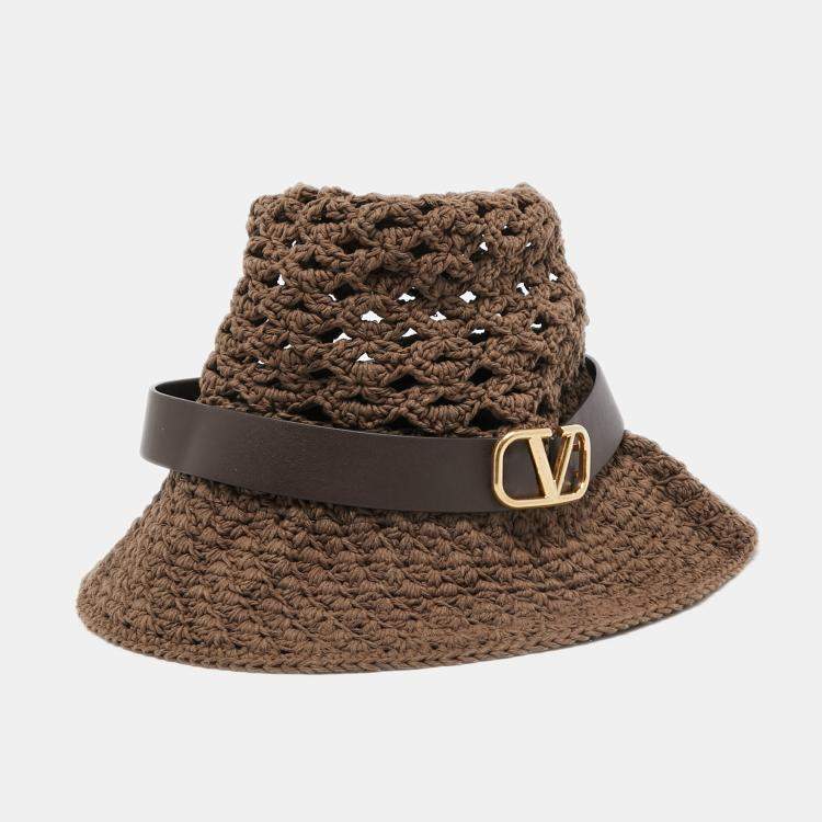 Pre Owned Valentino Brown Vlogo Leather Belted Crochet Fedora Hat M