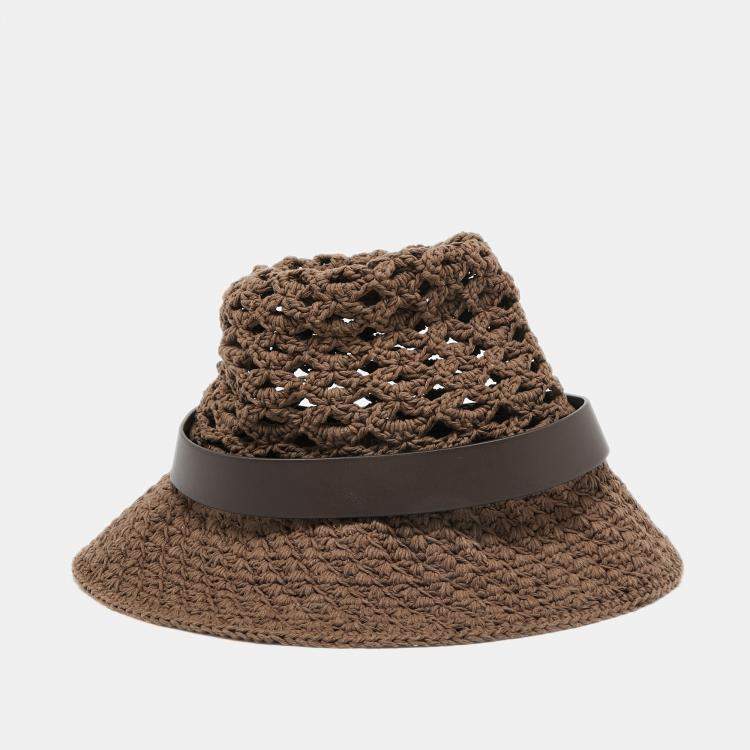 Pre Owned Valentino Brown Vlogo Leather Belted Crochet Fedora Hat M
