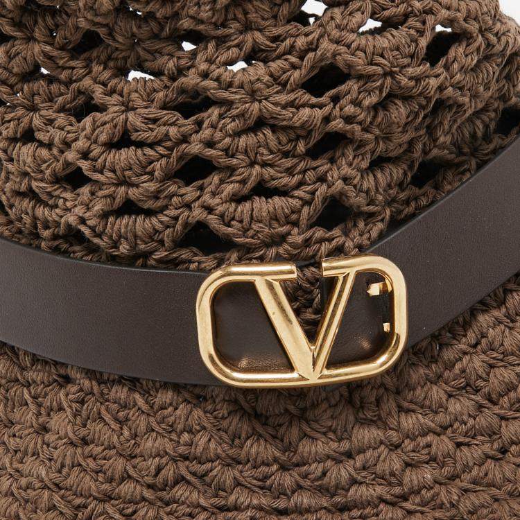 Pre Owned Valentino Brown Vlogo Leather Belted Crochet Fedora Hat M