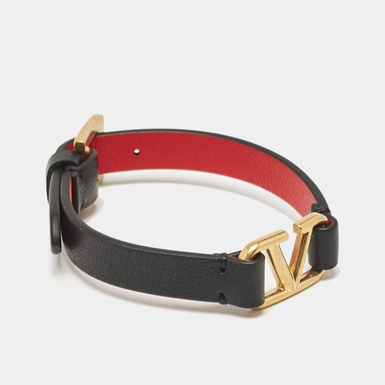 Pre Owned Valentino VLogo Signature Leather Gold Tone Wrap Bracelet