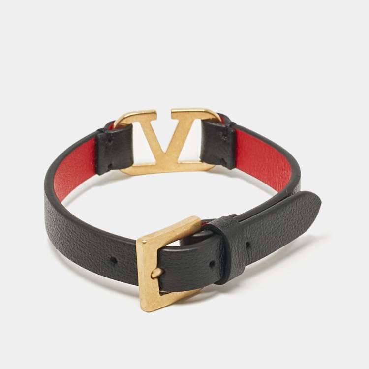 Pre Owned Valentino VLogo Signature Leather Gold Tone Wrap Bracelet