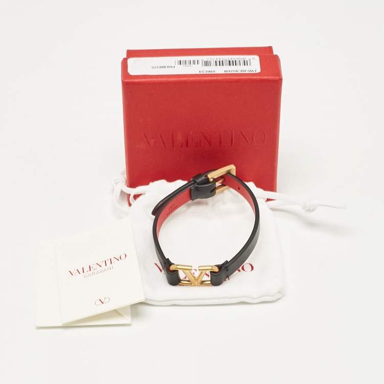 Pre Owned Valentino VLogo Signature Leather Gold Tone Wrap Bracelet