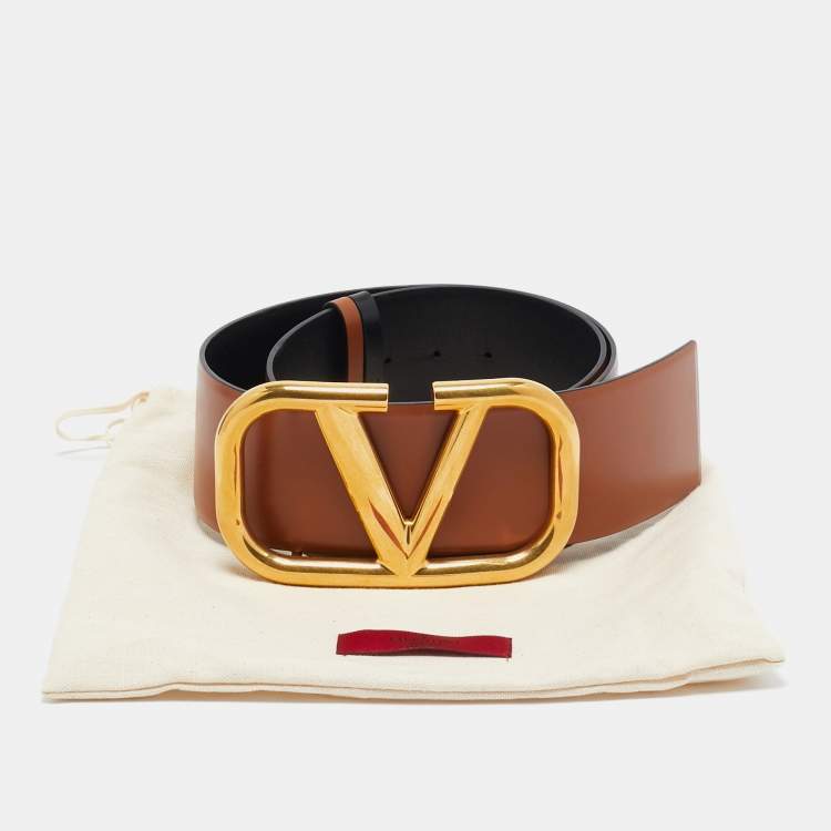 مملوكة مسبقًا Valentino Brown/Black Leather VLogo Wide Waist Belt