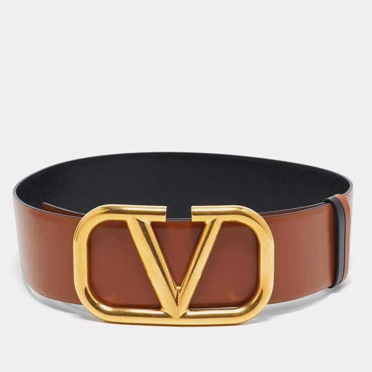 مملوكة مسبقًا Valentino Brown/Black Leather VLogo Wide Waist Belt