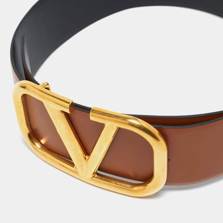 مملوكة مسبقًا Valentino Brown/Black Leather VLogo Wide Waist Belt