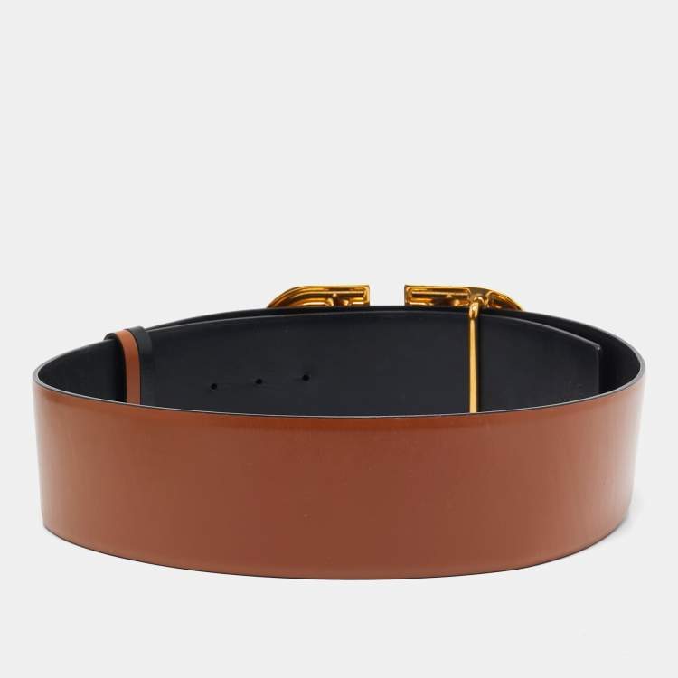 مملوكة مسبقًا Valentino Brown/Black Leather VLogo Wide Waist Belt
