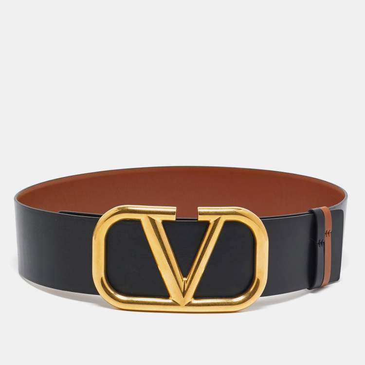 مملوكة مسبقًا Valentino Brown/Black Leather VLogo Wide Waist Belt