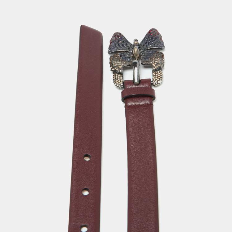 Pre Owned Valentino Burgundy Leather Crystal Embellished Butterfly Buckle Slim Belt 90 CM