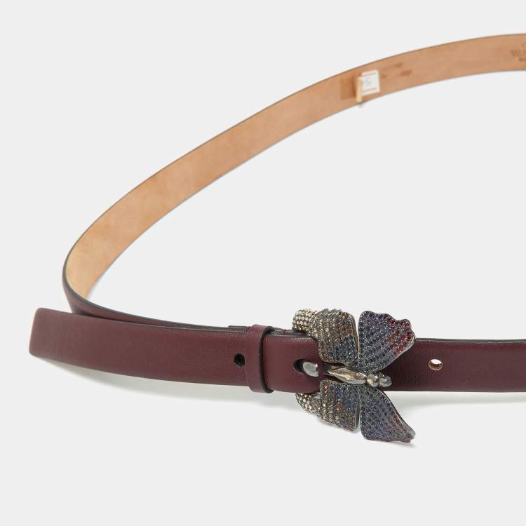 Pre Owned Valentino Burgundy Leather Crystal Embellished Butterfly Buckle Slim Belt 90 CM