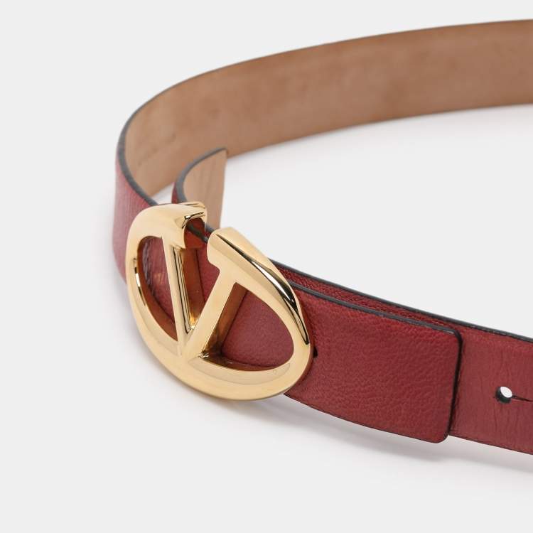 Pre Owned Valentino Pink Leather V Logo Buckle Belt 80CM