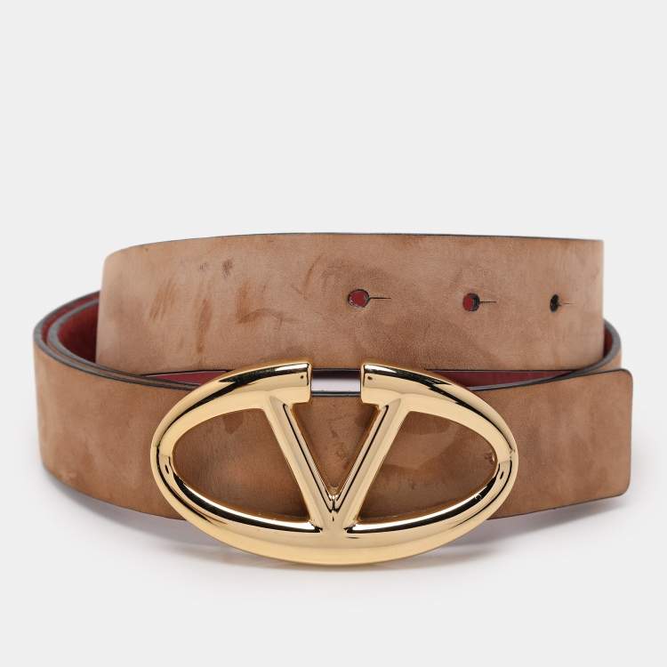 Pre Owned Valentino Pink Leather V Logo Buckle Belt 80CM