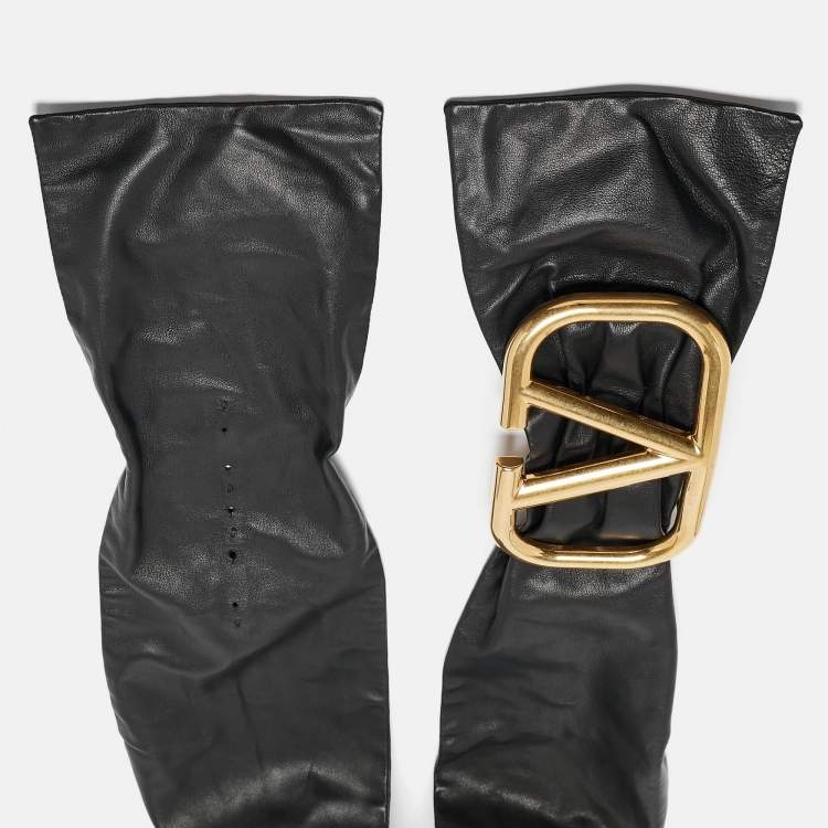 Pre Owned Valentino Black Leather Pleated Vlogo Wide Belt 85CM