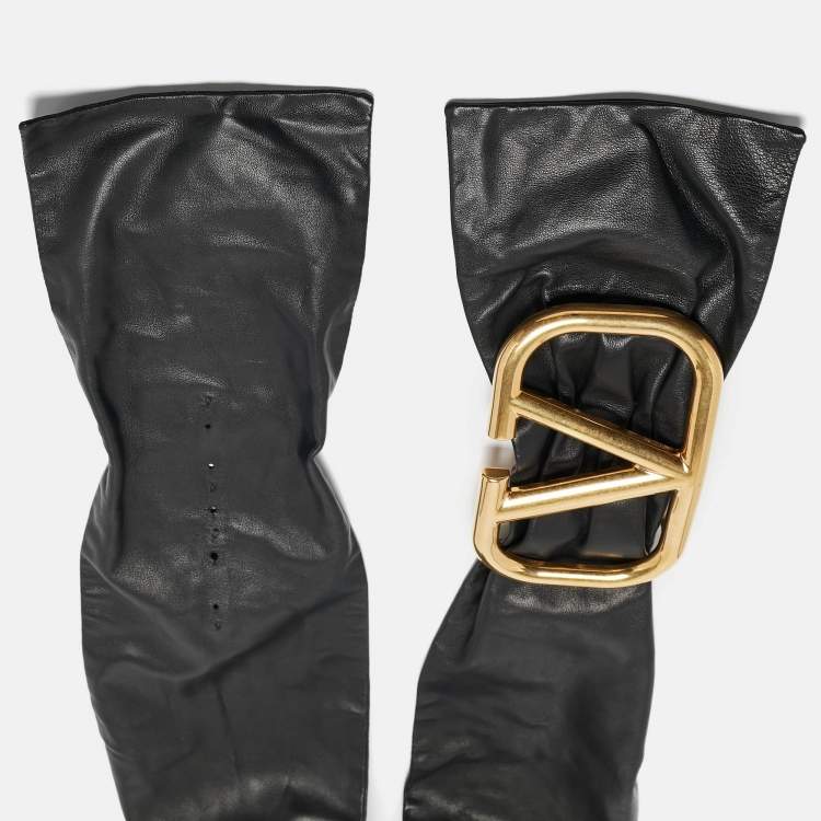 Pre Owned Valentino Black Leather Pleated Vlogo Wide Belt 85CM