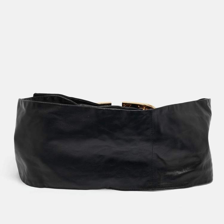Pre Owned Valentino Black Leather Pleated Vlogo Wide Belt 85CM