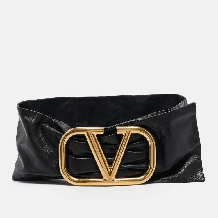 Pre Owned Valentino Black Leather Pleated Vlogo Wide Belt 85CM