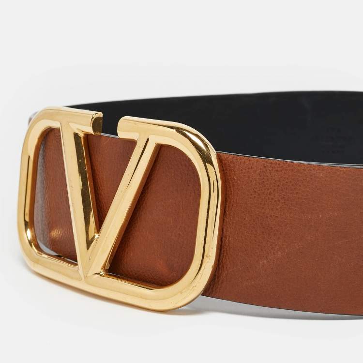 Pre Owned Valentino Brown/Black Leather VLogo Wide Reversible Belt 85CM