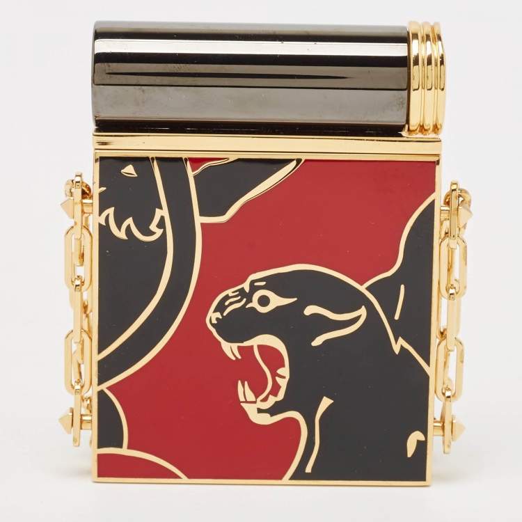 Pre Owned Valentino Black/Red Enamel Panther Lipstick & Mirror Minaudiere
