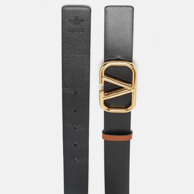 Pre Owned Valentino Black/Brown Leather VLogo Reversible Belt 80CM