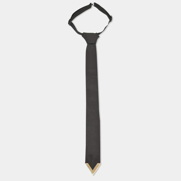 Pre Owned Valentino Black Wool Blend Logo Plaque Tie 