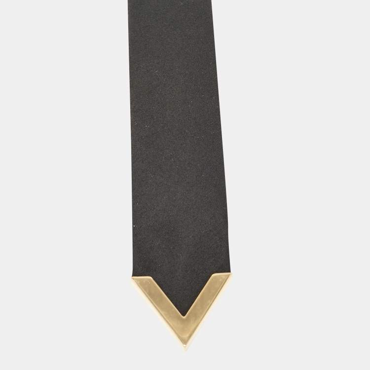 Pre Owned Valentino Black Wool Blend Logo Plaque Tie 