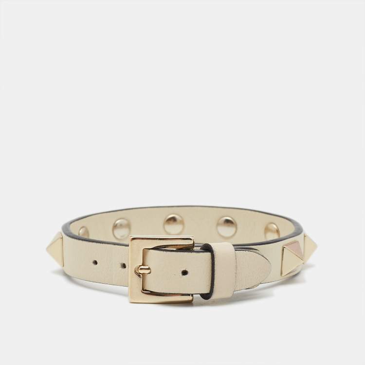 Pre Owned Valentino Rockstud Biege Leather Gold Tone Bracelet