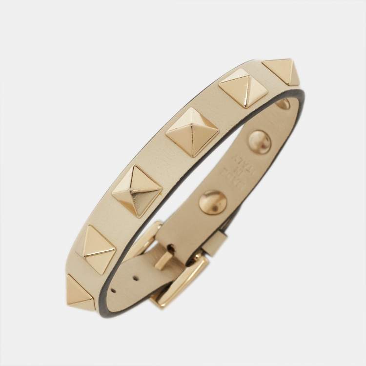 Pre Owned Valentino Rockstud Biege Leather Gold Tone Bracelet