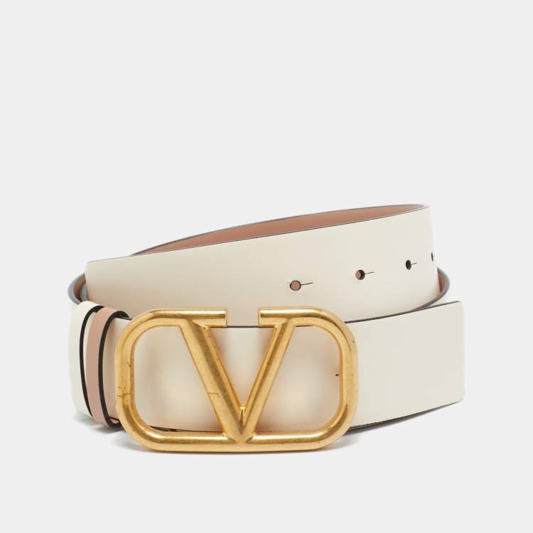 Pre Owned Valentino Beige Leather VLogo Reversible Belt 85CM